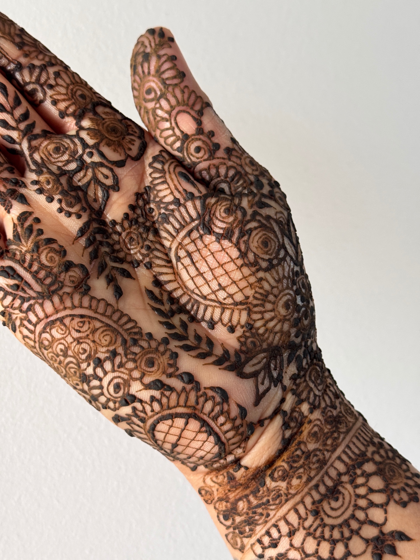 Detailed finger henna with geometric and floral motifs