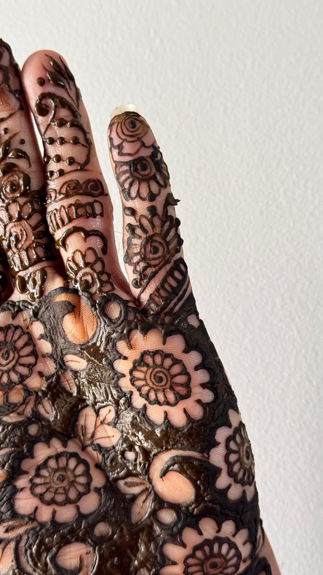 Close-up of detailed finger henna with floral and geometric designs